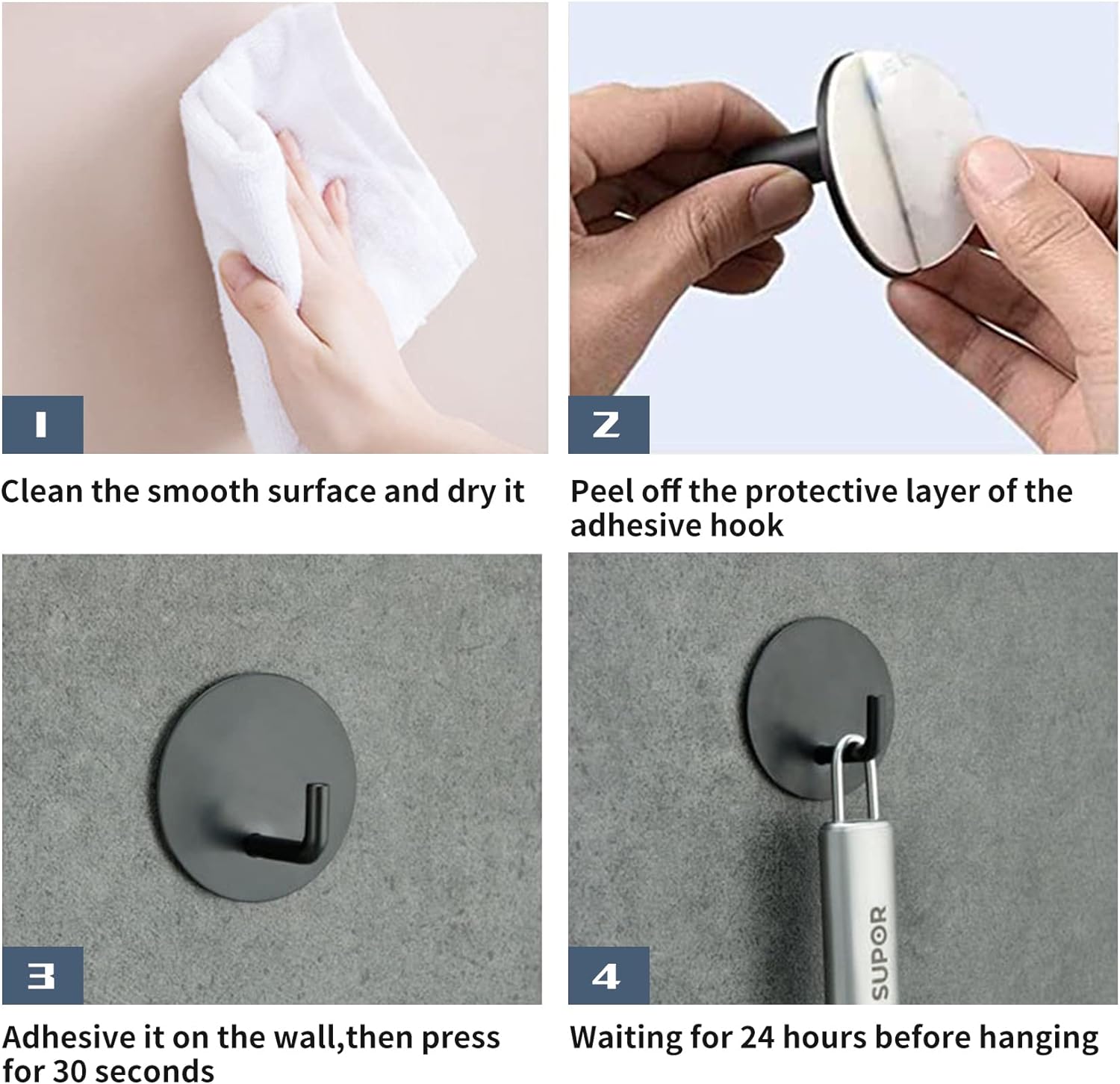 Rise age Adhesive Hooks Heavy Duty Waterproof in Shower Hooks for Hanging Loofah. Towels. Clothes. Robes for Bathroom Removable Adhesive Wall Hooks Door Hook Stainless Steel Black Stick on Hooks 4 Pcs - Image 7