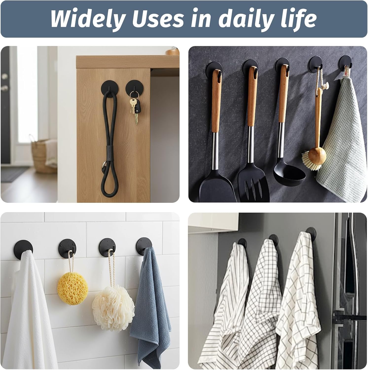 Rise age Adhesive Hooks Heavy Duty Waterproof in Shower Hooks for Hanging Loofah. Towels. Clothes. Robes for Bathroom Removable Adhesive Wall Hooks Door Hook Stainless Steel Black Stick on Hooks 4 Pcs - Image 4